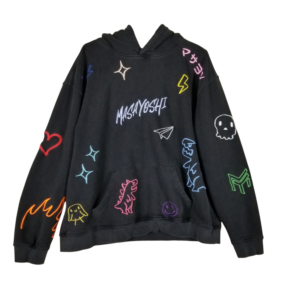 Masayoshi Hoodie Womens XL Black Neon Embroidered Doodle Graphic Streetwear